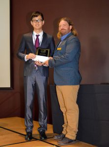 : Patrick Pan receives the 2017 Wood Award first place prize from Prof. David DeVallance, President of the Forest Products Society, at their 71st Annual Convention in Starkville, MS, USA, on June 27, 2017. 